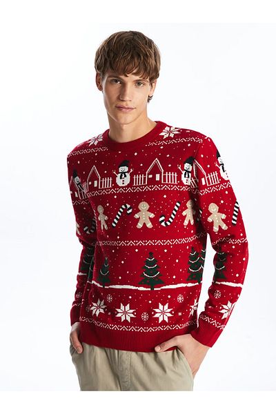 LC Waikiki Xside Red Crew Neck Long Sleeve Christmas Themed Men's Knitwear Sweater