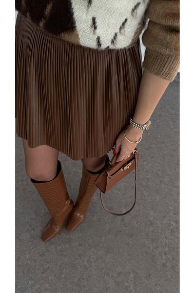 HAZELANNA Pleated Leather Brown Shorts Skirt