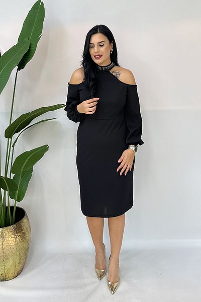 GÖKSEL Rhinestone Plus Size Dress with Shoulder Detail - Black