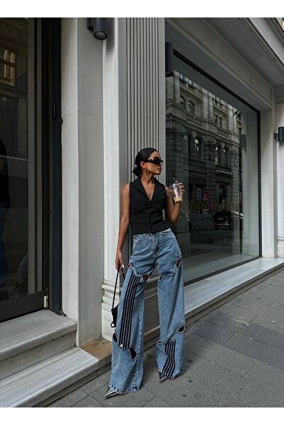 AYS WORLD Džíny s proužkovanými detaily s rozparkem a zapínáním