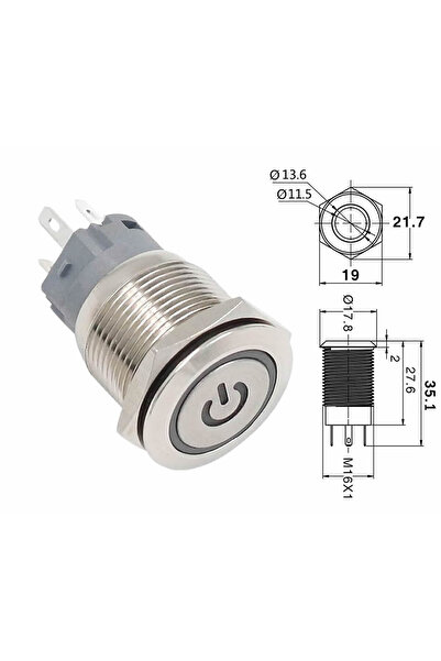 Alkatronik 16mm Metal Panel Montaj Düz Kafa Latch Buton NO NC Power Sembol Led Işıkl DC 6A-12V AC 3A 250V IP67