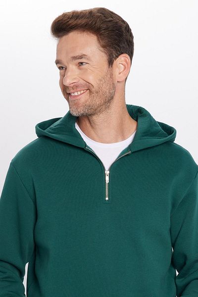 Tudors Φούτερ Unisex Relax Fit Relaxed Cotton Fleece Εσωτερικό Χακί με κουκούλα με μισό φερμουάρ