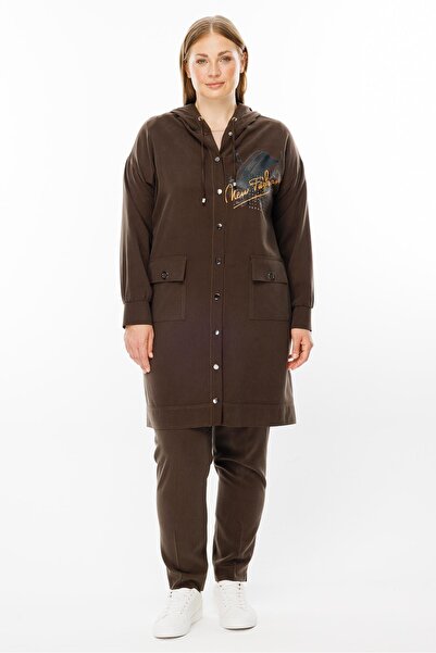 Moda İlgi Modailgi  Kapüşonlu Baskılı Tunik Kahve