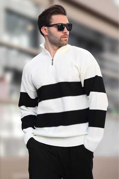 Madmext Ecru Zipper Collar Striped Men's Sweater E7272