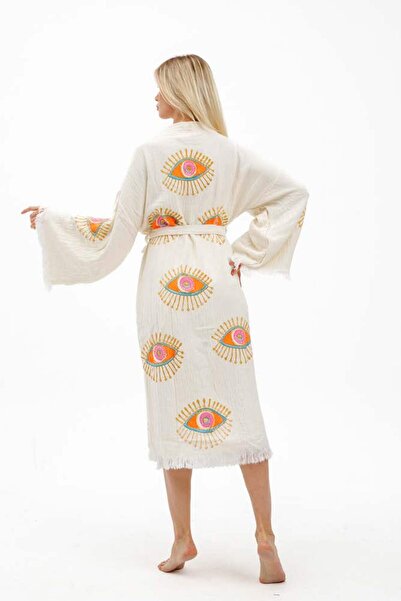 Elif Towels Ecru Color Stone Print Kimono Kaftan