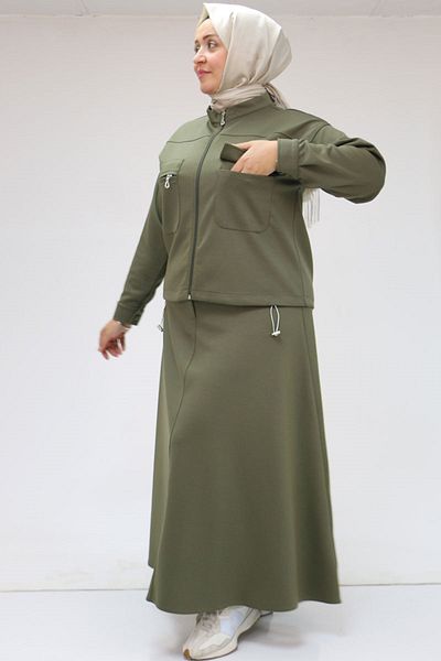 Eslina 47083 Khaki Plus Size Stand Collar Zippered Skirt and Jacket Set