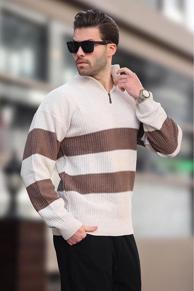 Madmext Stone Color Zipper Collar Striped Men's Sweater E7272