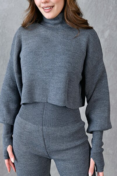 bayansepeti Hand-Held Knitwear Crop Top and High Waist Antresite Knitwear Pants Set 015