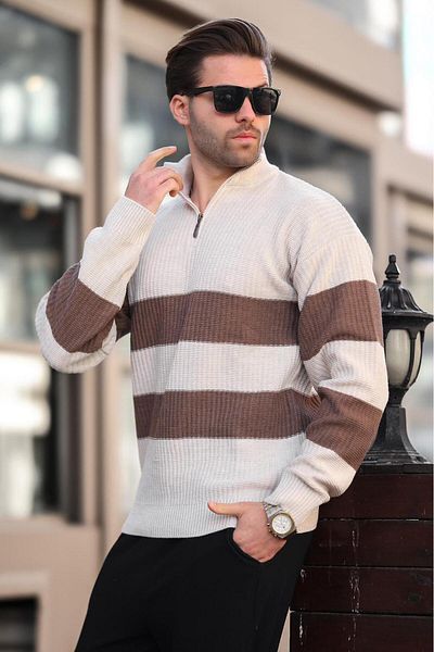 Madmext Stone Color Zipper Collar Striped Men's Sweater E7272
