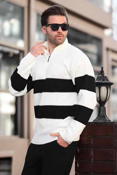 Madmext Ecru Zipper Collar Striped Men's Sweater E7272