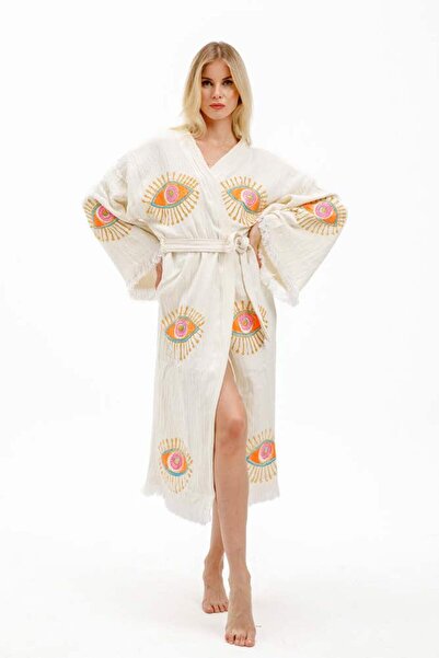 Elif Towels Ecru Color Stone Print Kimono Kaftan