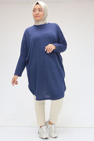 Eslina 38172 Plus Size Χαμηλό μανίκι Mir Knitwear Tunic - Indigo