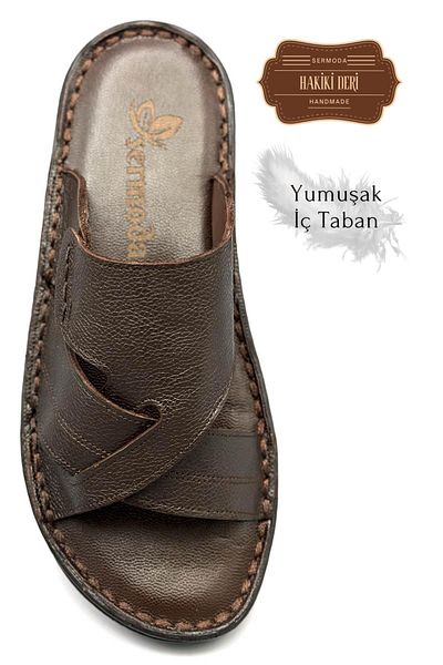 sermoda Ανδρικές παντόφλες από γνήσιο δέρμα - Light and Şır Brown G