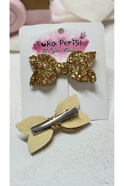 Toka Perisi Gold Gold Glittery Mini Bow 2-Piece Metal Clip Buckle