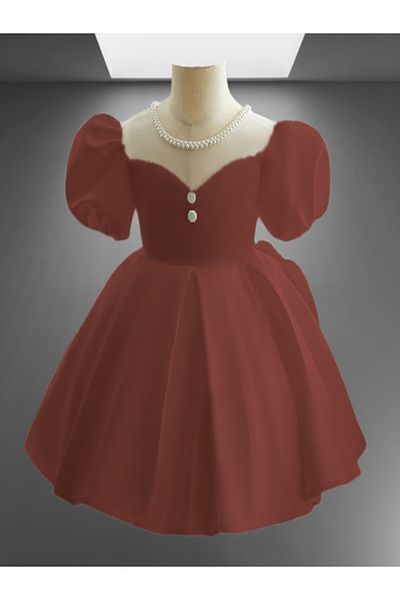 MUSGEM Special Design Powder Short Sleeve Pearl Detailed Girls' Evening Dress