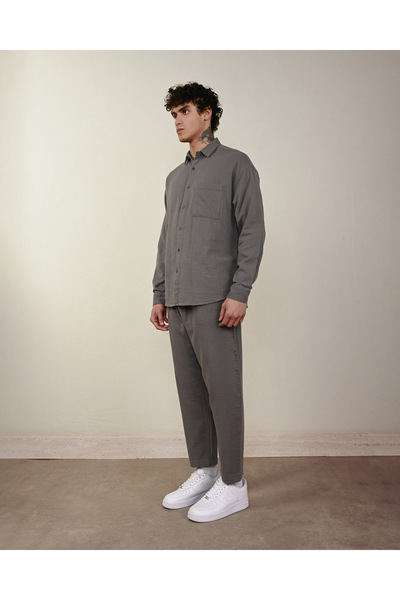 İLKCET MODA Чоловіча сорочка з довгими рукавами, антрацитового кольору, з мусліну