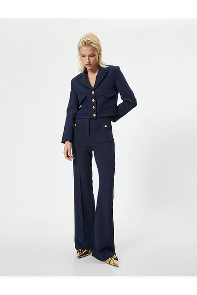 Koton High Waist Spanish Leg Trousers - Applique Fabric, Double Pocket Detail