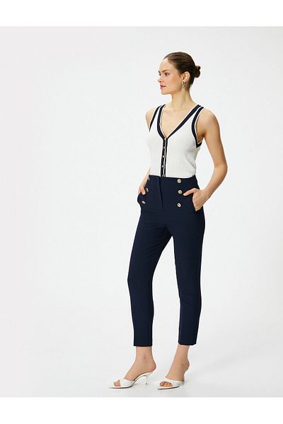 Koton Cigarette Fabric Pants High Waist Gold Buttoned
