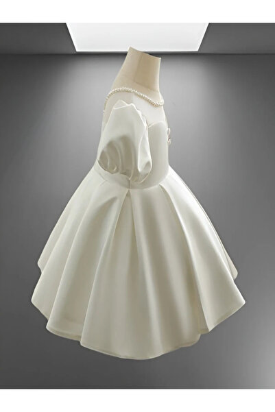 MUSGEM Βραδινό φόρεμα για κορίτσια με λευκό κοντομάνικο μαργαριτάρι με ειδικό σχέδιο