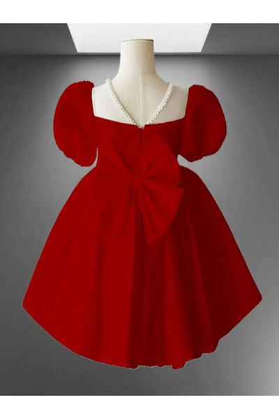 MUSGEM Special Design Red Short Sleeve Pearl Detailed Girls' Evening Dress