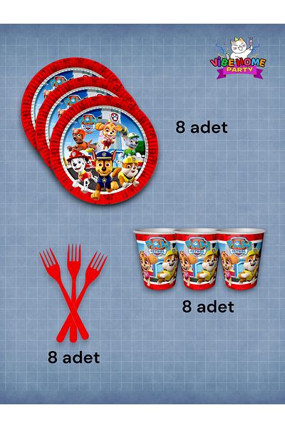 VibeHome 8-Person Paw Patrol Themed Super Eco Set - for Birthday Party and Fun Events