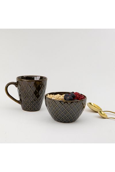 stilinbu Dark Brown Porcelain Mug and Bowl Set - Breakfast Set of Two