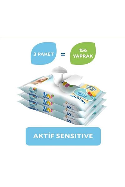 Uni Baby Active Sensitive Baby Wet Wipes 24 Months 3X52 Pieces