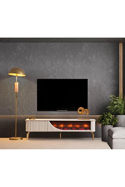 ERGLASS CAM 1.kalite Şömineli Tv Ünitesi Tv Sehpası Modern Ayaklı 170 Cm Kapaklı