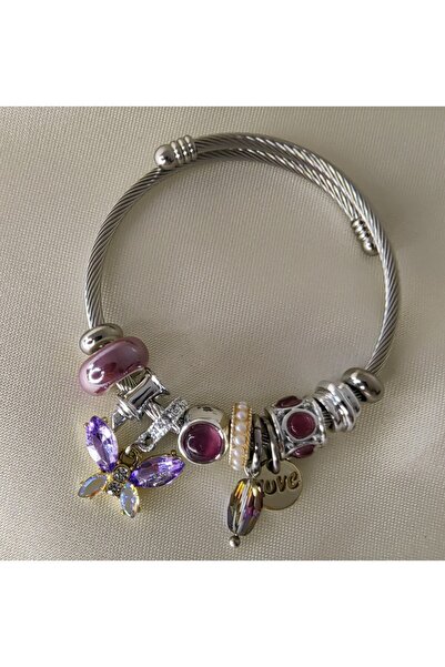 ARYA DESİGN Lilac Butterfly And Love Charm Steel Bracelet