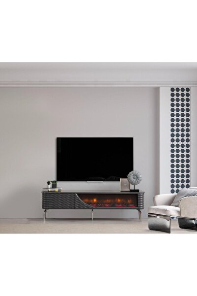 ERGLASS CAM 1.kalite Şömineli Tv Ünitesi Tv Sehpası Modern Ayaklı 170 Cm Kapaklı
