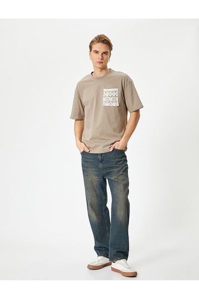 Koton Crew Neck T-Shirt Pocket Detailed Embroidered Short Sleeve