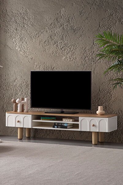 ERGLASS CAM 1.Kalite TV ÜNİTESİ TV SEHPASI MODERN AYAKLI CEVİZ BEYAZ 160CM