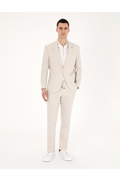 Pierre Cardin Bej Slim Fit Keten Karışımlı Çizgili Takım Elbise 50285265-VR011