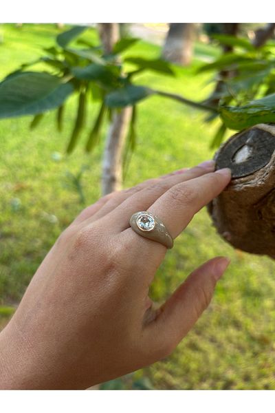Moonjy Steel Beige Color Enamel Single Stone Adjustable Ring