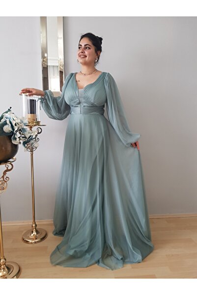 FERGAN KADIN MİNT YEŞİLİ BALON KOL GÖĞÜS DRAPELİ ŞİFON BÜYÜK BEDEN ABİYE ELBİSE