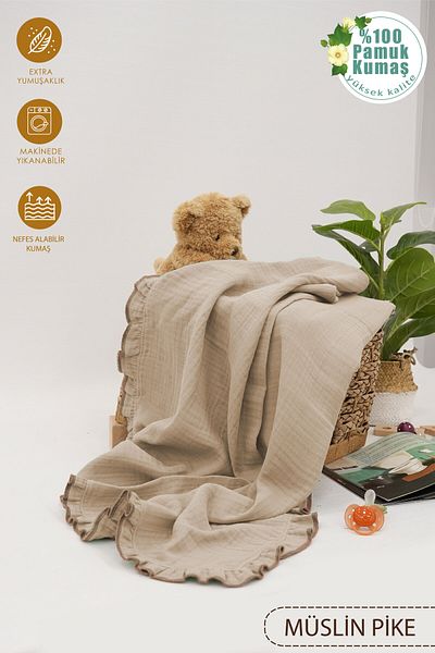 mordesign 4 Layer Ruffled Muslin Baby Blanket - 100% Cotton, Newborn Swaddle and Ruffle Series