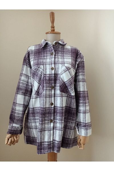 Butik Women's Purple and White Patterned Oversize Stitched Lumberjack Shirt