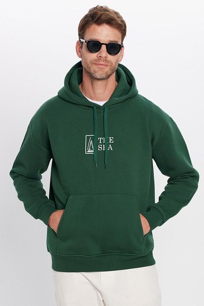Tudors Unisex Φούτερ με φαρδιά κοπή από βαμβακερή μαλακή υφή με στάμπα πράσινη κουκούλα