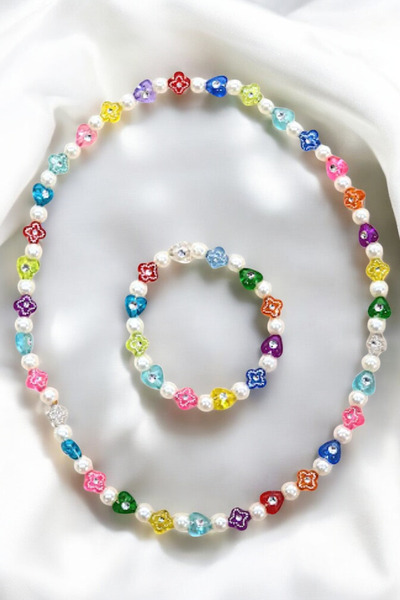 PETEK AKSESUAR Kız Çocuk Kolye Bileklik Set Incili