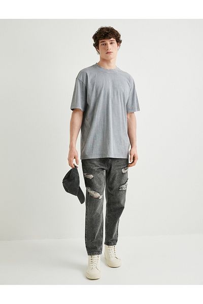 Koton Crew Neck Washed Cotton T-Shirt - Slogan Embroidered, Short Sleeve
