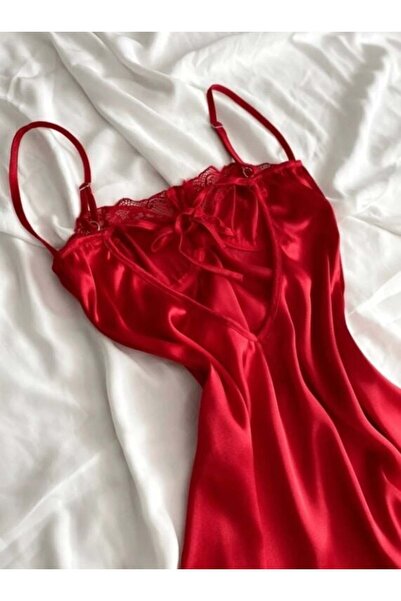 KARAZ Göğüs Dantel Detaylı Saten Gecelik - KIRMIZI-S
