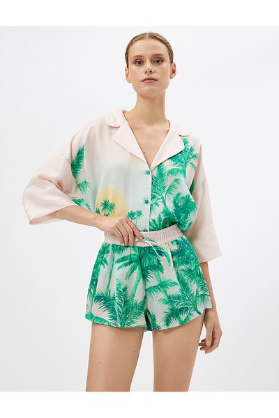 Koton Pyjamahose Shorts mit tropischem Muster und Schnürung an der Taille Liyosel