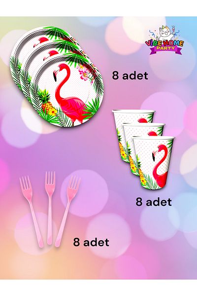 VibeHome 8-Person Flamingo Themed Super Eco Set - for Birthday Party and Fun Events