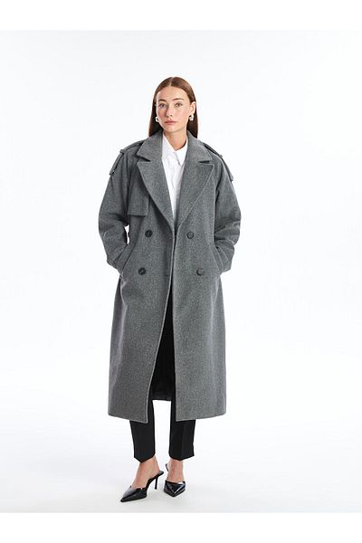 LC Waikiki Lcw Vision Gray Jacket Collar Oversize Women's Stamp Coat
