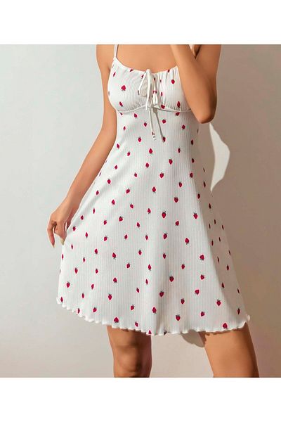 İntive Lingerie Lily Bianca 100% βαμβακερό χτενισμένο βαμβακερό μοτίβο φράουλας με γιακά U γιακά με δέσιμο μίνι νυχτικό-13007