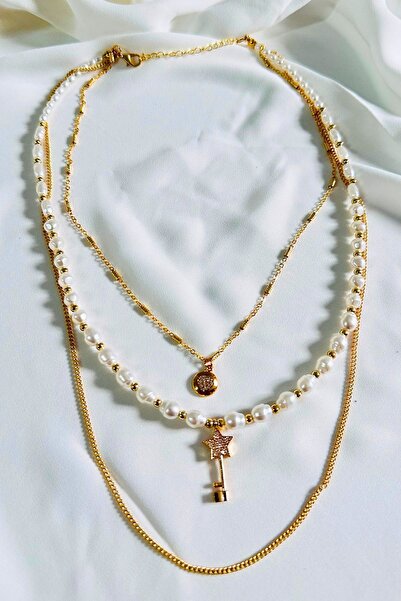 PETEK AKSESUAR TAŞLI YILDIZ ANAHTAR İNCİLİ ZİNCİR ÇOKLU KOLYE KOLYE