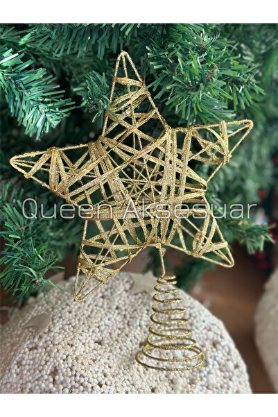 QUEEN AKSESUAR Πολυτελές στολίδι από πεύκο μεγάλου μεγέθους 25 εκατοστών, μεταλλικό χρυσό, ασημί αστέρι, στολίδι
