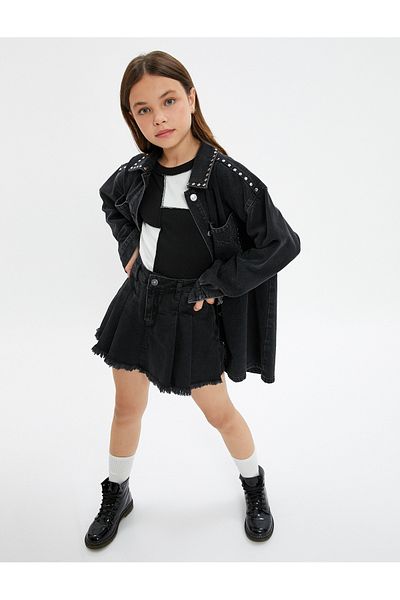 Koton Denim Skirt Pleated Mini Cotton