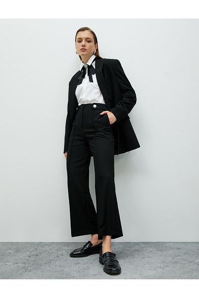 Koton Fabric Trousers Crop Wide Leg Buttoned Pocket Detailed