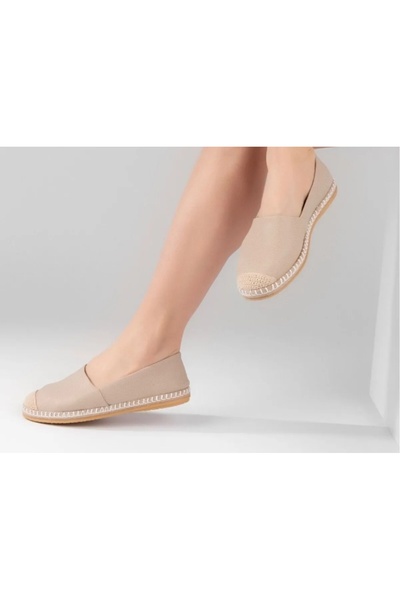 MODA Bej Deri Kauçuk Düz Taban Rahat Günlük Kadın Espadril Ayakkabı